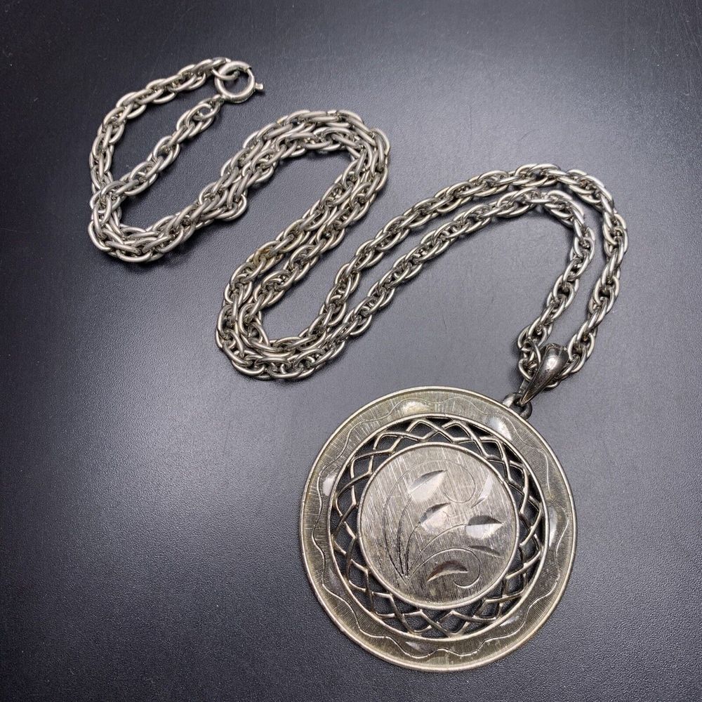 Silver Tone Pendant Necklace Large Round Etched Floral Long 24 Inch Vintage